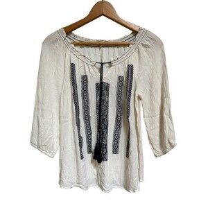 HEM AND THREAD Linen-Textured Quarter-Sleeve Blouse Size Large